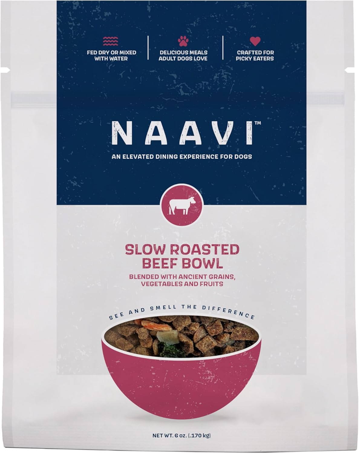Natural Dog Food - Slow-Roasted Beef Bowl with Ancient Grains, Vegetables & Fruits - Ideal Wet/Dry Meal or Premium Dog Food Toppers for Picky Eaters (6 oz)