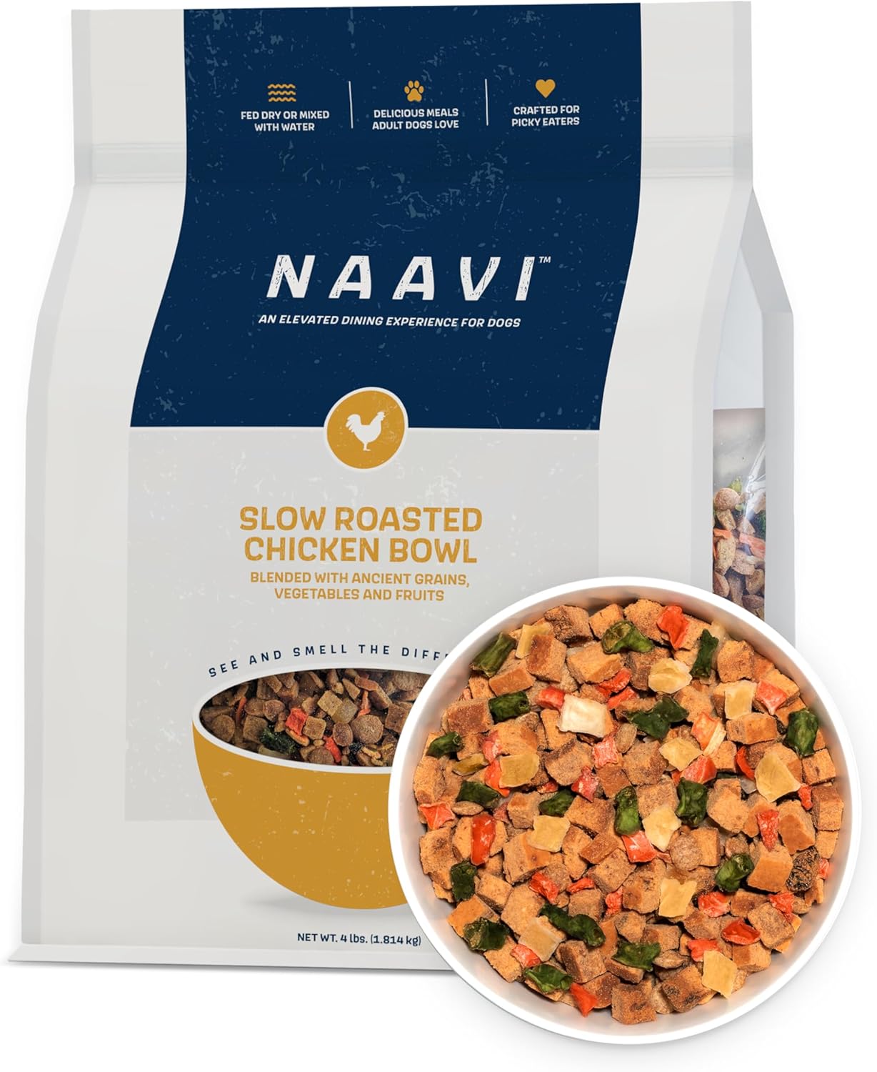 Natural Dog Food - Slow-Roasted Chicken Bowl with Ancient Grains, Vegetables & Fruits - Ideal Wet/Dry Meal or Premium Dog Food Toppers for Picky Eaters (3 oz, Pack of 1)