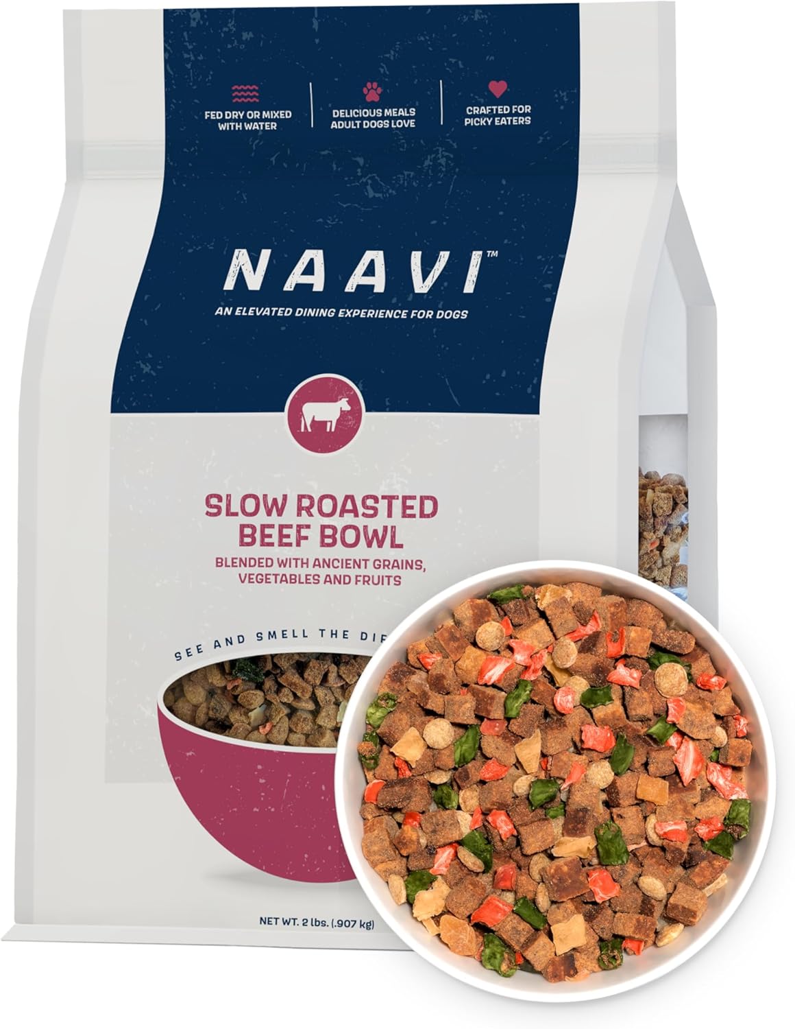 Natural Dog Food - Slow-Roasted Beef Bowl with Ancient Grains, Vegetables & Fruits - Ideal Wet/Dry Meal or Premium Dog Food Toppers for Picky Eaters (6 oz)